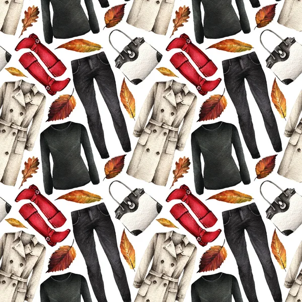 水彩ファッションイラスト 流行のアクセサリーのセット 雨の日 トレンチコート セーター ジーンズ バッグ ラバーブーツ シームレスパターン ライトバック — ストック写真