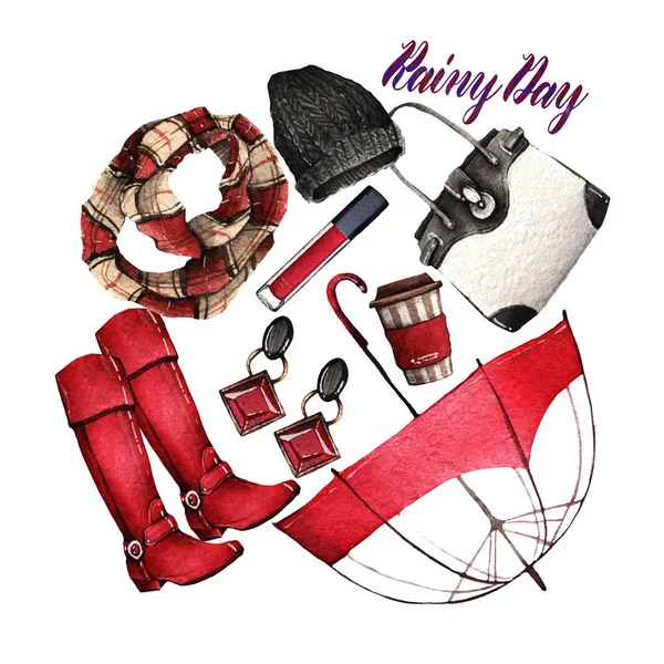 水彩ファッションイラスト 流行のアクセサリーのセット 雨の日 スカーフ イヤリング ゴムブーツ バッグ コーヒー — ストック写真