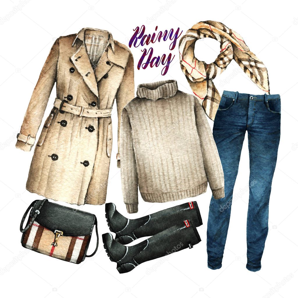 Watercolor Fashion Illustration. set of trendy accessories. Rainy day. trench coat, sweater, jeans, scarf, rubber boots, bag