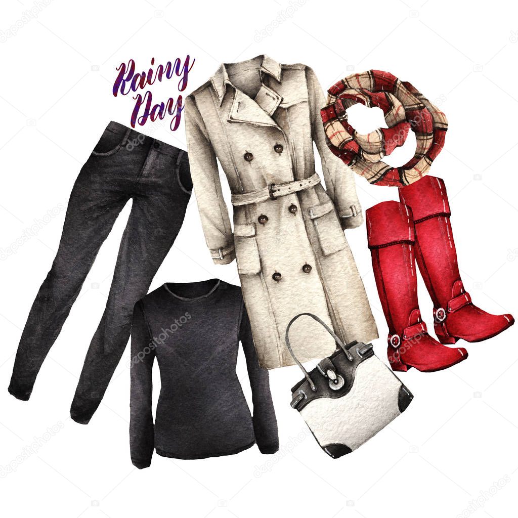 Watercolor Fashion Illustration. set of trendy accessories. Rainy day. trench coat, sweater, jeans,rubber boots, bag, scarf