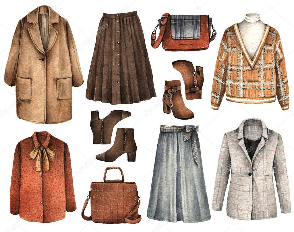 Watercolor Fashion Illustration. set of trendy accessories. Vintage Spring. Coat, blouse, bag, boots, skirt, jacket, sweater