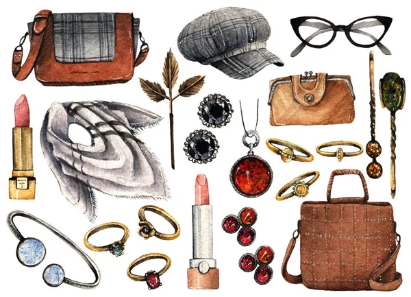 Illustrazione Moda Acquerello Set Accessori Tendenza Primavera Vintage Borse Berretto — Foto Stock