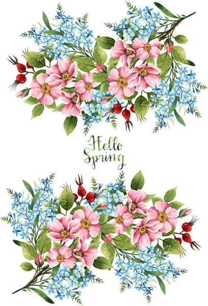 Υδατογραφία Εικονογράφηση Γεια Άνοιξη Λουλούδια Φύλλα Μπουμπούκια Μούρα Λουλουδάκια Μυοσωτίτιδα — Φωτογραφία Αρχείου