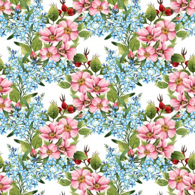 Suluboya illüstrasyon, Hello Spring. Rosehip çiçekleri. Myosotis. Yapraklar, tomurcuklar, çiçekler, böğürtlenler, sizin için kart, el yapımı, pürüzsüz desen, açık arkaplan