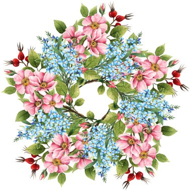 Suluboya illüstrasyon, Hello Spring. Myosotis. Rosehip çiçekleri. Yapraklar, tomurcuklar, çiçekler, böğürtlenler, kart, el yapımı, çelenk