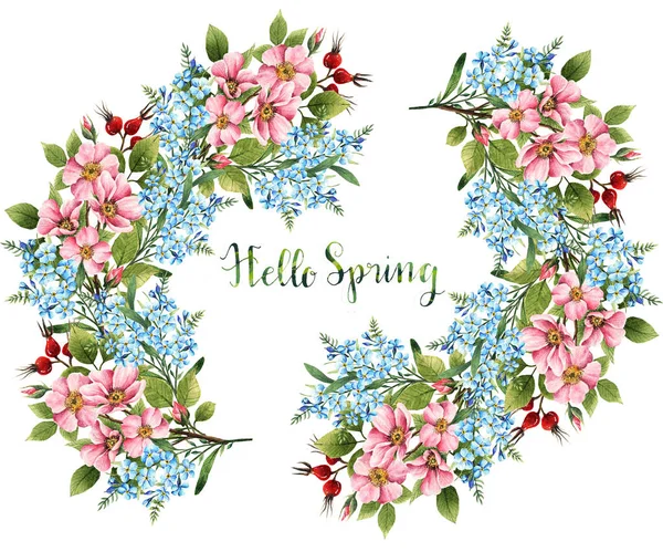 Watercolor Illustration Hello Spring Rosehip Flowers Myosotis Leaves Buds Flowers — Stock Photo, Image