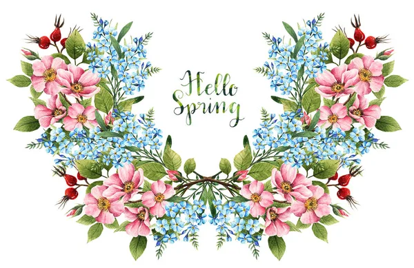 Ilustracja Akwareli Hello Spring Myosotis Kwiaty Róży Liście Pąki Kwiaty — Zdjęcie stockowe