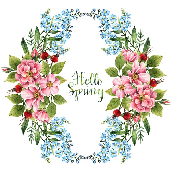 Illustrazione Acquerello Hello Spring Fiori Rosa Canina Myosotis Foglie Boccioli — Foto Stock