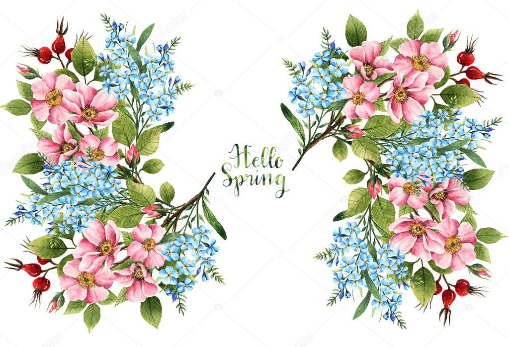 Watercolor illustration, Hello Spring. Myosotis. Rosehip flowers.  leaves, buds, flowers, berries,card for you, handmade