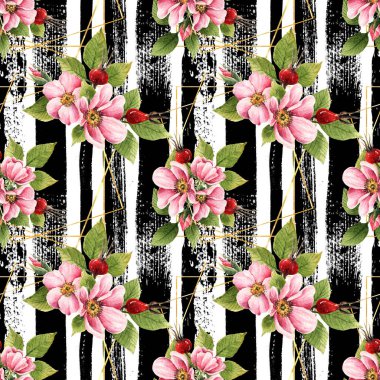 Suluboya illüstrasyon, merhaba ilkbahar. Gül çiçeği. Myosotis. tomurcuklar, yapraklar, çiçekler, böğürtlenler, el yapımı, sizin için kart, dikey çizgiler, pürüzsüz desen, açık arkaplan