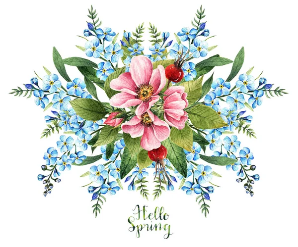 Aquarel Illustratie Hallo Spring Rozenbottel Bloemen Myosotis Knoppen Bladeren Bloemen — Stockfoto