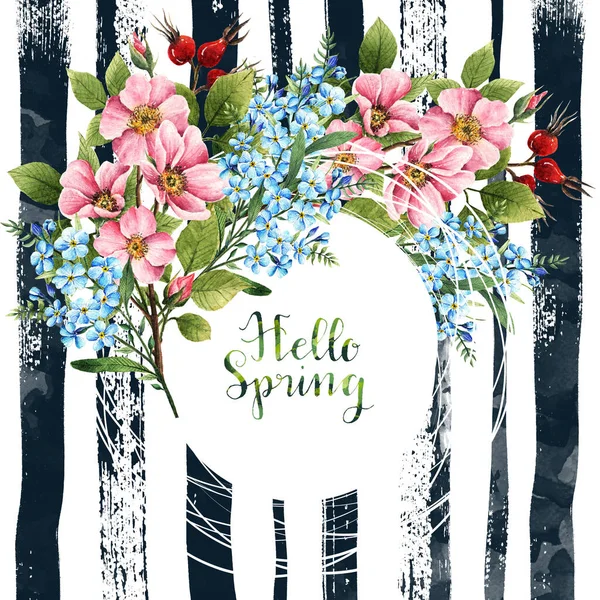 Aquarel Illustratie Hallo Spring Rozenbottel Bloemen Myosotis Knoppen Bladeren Bloemen — Stockfoto