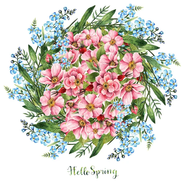 Akvarel Ilustrace Hello Spring Myosotis Rosehip Květiny Poupata Listy Květiny — Stock fotografie