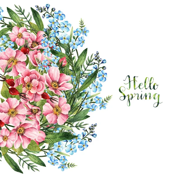 Ilustracja Akwarela Hello Spring Myosotis Rosehip Kwiaty Pąki Liście Kwiaty — Zdjęcie stockowe