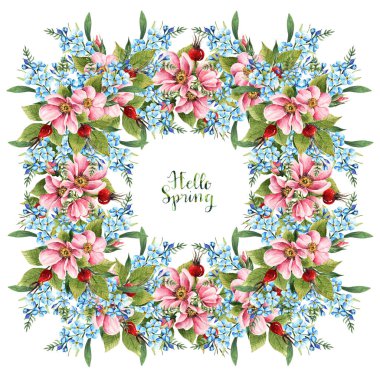 Suluboya çizimi, Hello Spring. Rosehip çiçekleri. Myosotis. Kart sana, el yapımı. tomurcuklar, yapraklar, meyveler, çiçekler