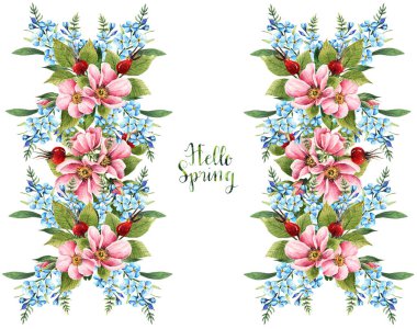 Suluboya çizimi, Hello Spring. Rosehip çiçekleri. Myosotis. Tomurcuklar, yapraklar, çiçekler, böğürtlenler, el yapımı.