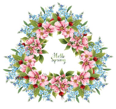 Suluboya illüstrasyon, Hello Spring. Rosehip çiçekleri. Myosotis. Tomurcuklar, yapraklar, çiçekler, böğürtlenler, senin için kart, el yapımı.
