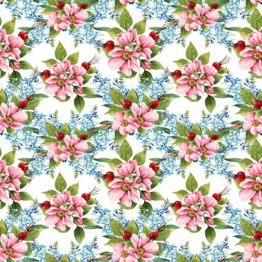 Suluboya çizimi. Merhaba Spring. Myosotis. Rosehip çiçekleri. tomurcuklar, yapraklar, çiçekler, böğürtlenler, el yapımı, pürüzsüz desen, açık arkaplan