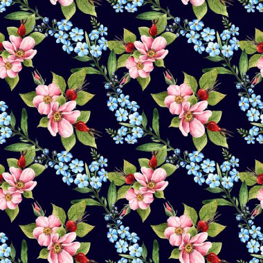 Suluboya çizimi. Merhaba Spring. Rosehip çiçekleri. Myosotis. tomurcuklar, yapraklar, çiçekler, böğürtlenler, el yapımı, kusursuz desen, koyu arkaplan