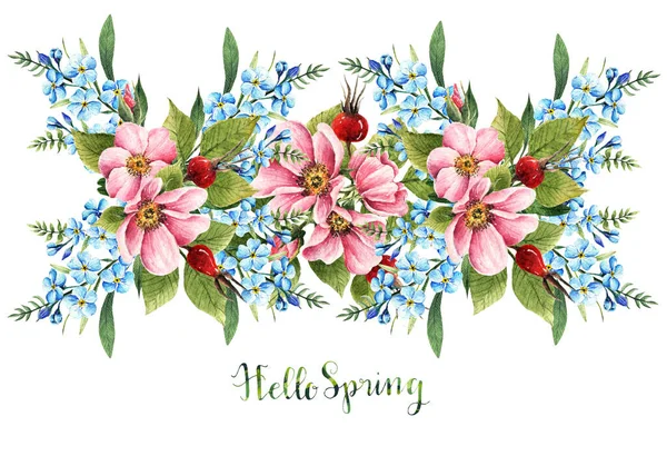 Illustrazione Acquerello Hello Spring Rosehip Flowers Myosotis Carta Fatto Mano — Foto Stock