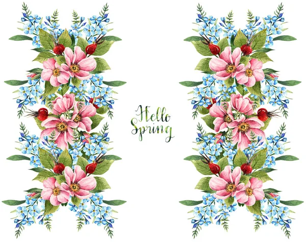 Aquarell Illustration Hallo Spring Hagebuttenblüten Myosotis Knospen Blätter Blumen Beeren — Stockfoto