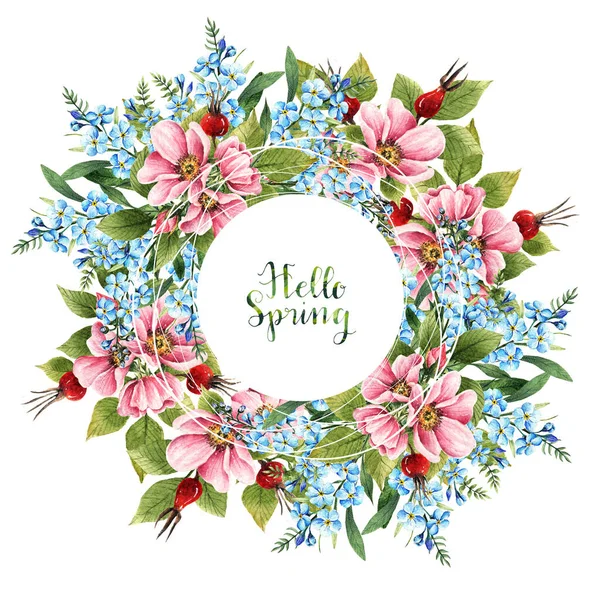 Illustrazione Acquerello Hello Spring Rosehip Flowers Myosotis Foglie Boccioli Fiori — Foto Stock