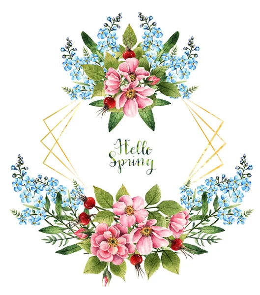 Акварельная Иллюстрация Hello Spring Rosehip Flowers Myosotis Handmade Card You — стоковое фото