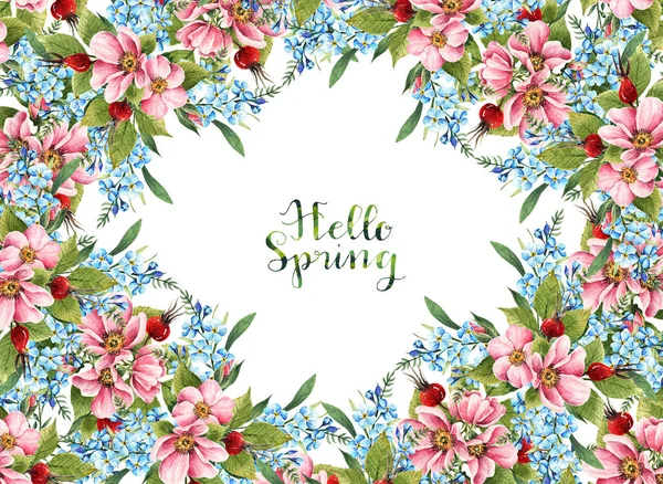Ilustracja Akwarela Hello Spring Kwiat Dzikiej Róży Myosotis Ręcznie Robiona — Zdjęcie stockowe