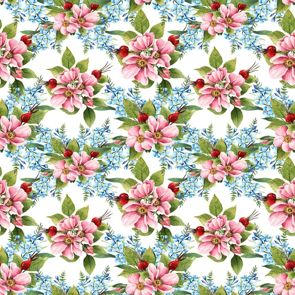 Ilustración Acuarela Hola Spring Miosotis Flores Rosa Mosqueta Brotes Hojas —  Fotos de Stock