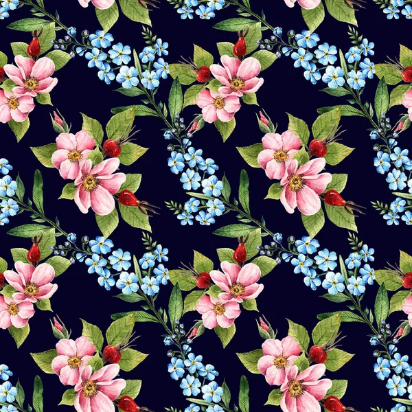Εικονογράφηση Υδατογραφίας Γεια Σου Άνοιξη Λουλουδάκια Μυοσωτίτιδα Μπουμπούκια Φύλλα Άνθη — Φωτογραφία Αρχείου