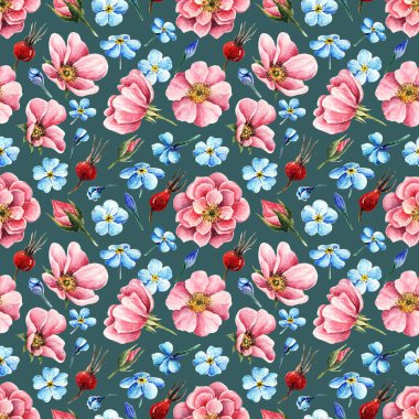 Myosotis. Rosehip çiçekleri. Suluboya çizimi, Hello Spring, kart sizin için, el yapımı, böğürtlen, yaprak, tomurcuk, çiçekler, kusursuz desen, koyu arkaplan