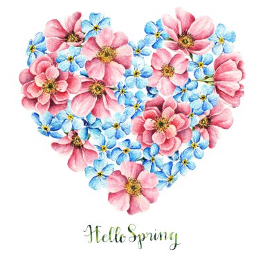 Myosotis. Rosehip çiçekleri. Suluboya illüstrasyon, Hello Spring, tomurcuklar, çiçekler, sizin için kart, el yapımı