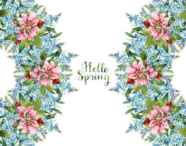 Цветы Шиповника Миозотис Акварель Иллюстрация Hello Spring Листья Почки Цветы — стоковое фото
