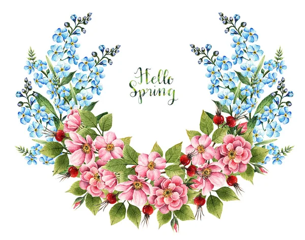 Миозотис Цветы Шиповника Акварель Hello Spring Handmade Card You Leaves — стоковое фото