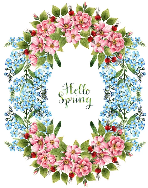 Myosotis Rosehip Çiçekleri Suluboya Resimleme Hello Spring Kart Yapımı Çelenk — Stok fotoğraf