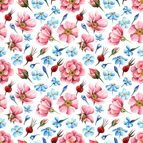 Миозотис Цветы Шиповника Акварель Иллюстрация Hello Spring Открытка Ручной Работы — стоковое фото