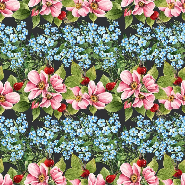 Myosotis Ról Csipkebogyó Virágok Akvarell Illusztráció Hello Tavasz Kártya Számára — Stock Fotó