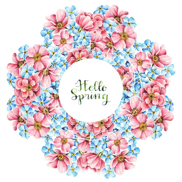 Myosotis Rosehip Flowers Watercolor Illustration Hello Spring Flowers Buds Card — Stock Photo, Image