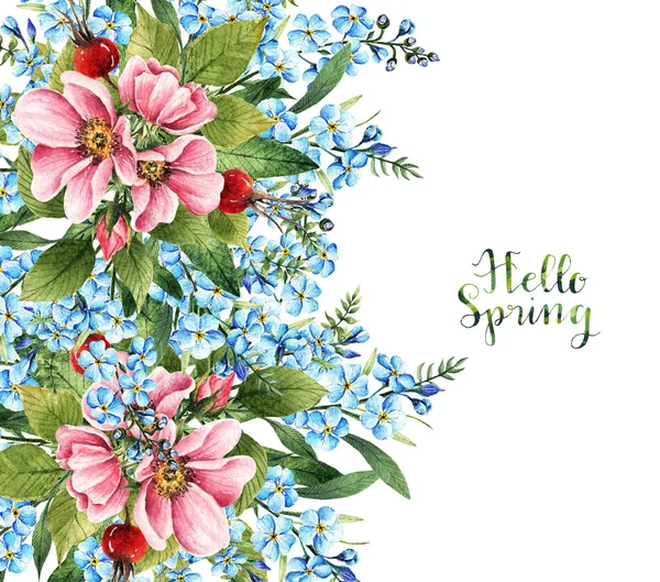 Цветы Шиповника Миозотис Акварель Hello Spring Листья Почки Цветы Ягоды — стоковое фото