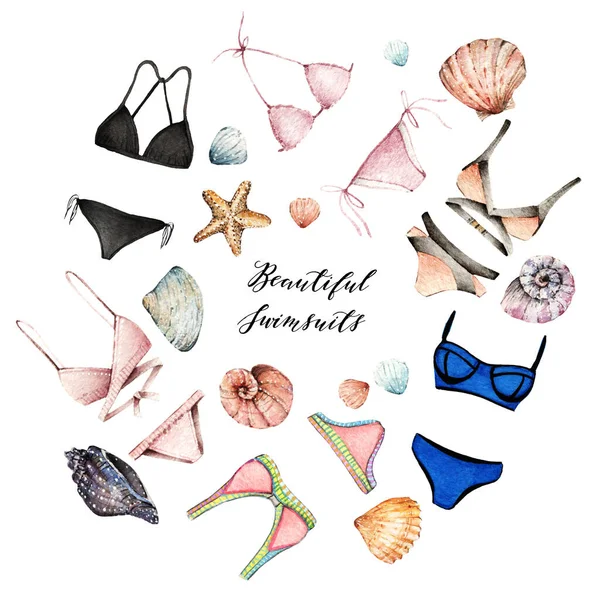 Akvarel Fashion Illustration Krásné Plavky Sada Různých Plavek — Stock fotografie
