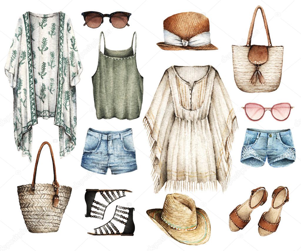 Watercolor Fashion Illustration. set of trendy accessories.The best summer. tunic, shorts, hat, sunglasses, bag, sandals, t-shirt