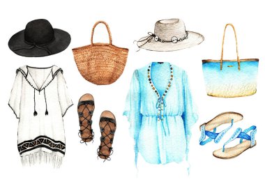 Suluboya Moda Çizimi. Moda aksesuarları. En iyi yaz, şapka, sandalet, çanta, bluz