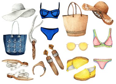 Suluboya Moda Çizimi. Moda aksesuarları. En iyi yaz. şapka, mokasen, mayo, güneş gözlüğü, çanta, yüzük, sandalet, küpe, kolye