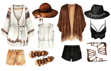 Suluboya Moda Çizimi. Moda aksesuarları. Coachella. Pelerin, şapka, şort, hasat bluzu, sandalet.