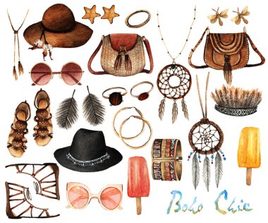 Suluboya Moda Çizimi. Moda aksesuarları. Coachella. çanta, güneş gözlüğü, saç tokası, kolye, küpeler, bilezik, sandalet, şapka, yüzük