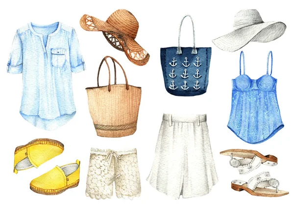 Akvarel Fashion Illustration Sada Módních Doplňků Nejlepší Léto Tílka Sukně — Stock fotografie