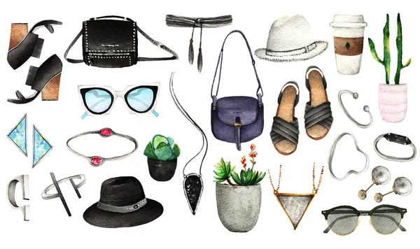 Ilustración Moda Acuarela Conjunto Accesorios Moda Estilo Tokio Sombrero Gafas — Foto de Stock