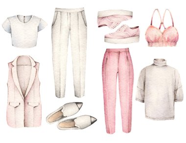 Suluboya Moda Çizimi. Moda aksesuarları. Kiraz çiçeği. Ceket, tişört, pantolon, ayakkabı, süveter.