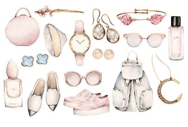 Aquarell Mode Illustration Set Trendiger Accessoires Kirschblüte Schuhe Ohrringe Sonnenbrille — Stockfoto