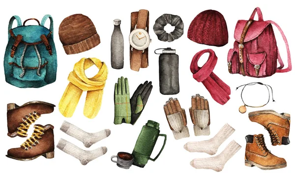 Suluboya Moda Çizimi Moda Aksesuarları Yürüyüşe Çıkıyorum Şapka Eşarp Çoraplar — Stok fotoğraf
